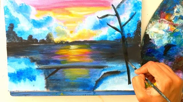 Winter Sunset on a Snowy Bridge | Acrylic Landscape painting for beginners смотреть онлайн