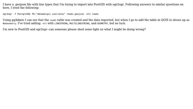 GIS: Importing GeoJSON to PostGIS with ogr2ogr and keeping geometry? смотреть онлайн