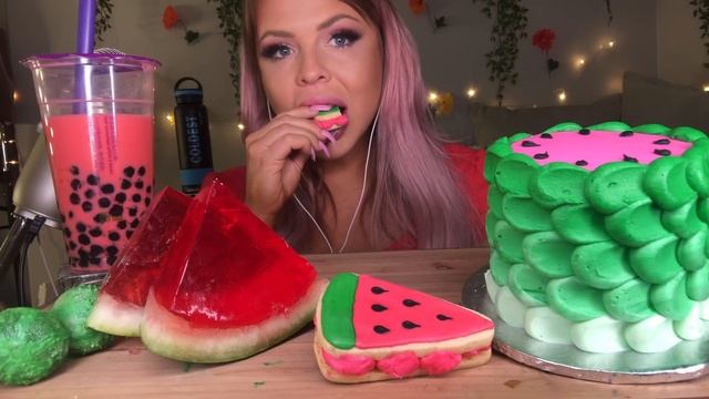 ASMR WATERMELON CAKE, BUBBLE TEA, CAKE POP, MACARON, SANDWICH COOKIE, JELLO SLICE MUKBANG 먹방 смотреть онлайн