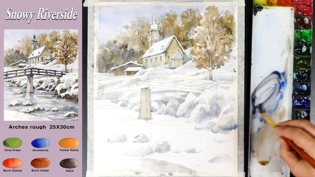 Winter Landscape Watercolor - Snowy Riverside (sketch & color mixing) NAMIL ART смотреть онлайн