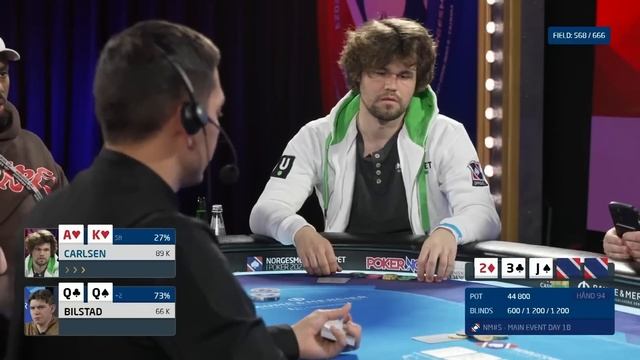 Magnus Carlsen has AK vs POCKET QUEENS in 2023 Poker Championship смотреть онлайн