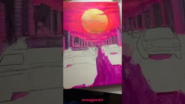 Рисование акрилом. Малиновый закат. Неоновые краски. Neon acrylic. Acrylic painting смотреть онлайн