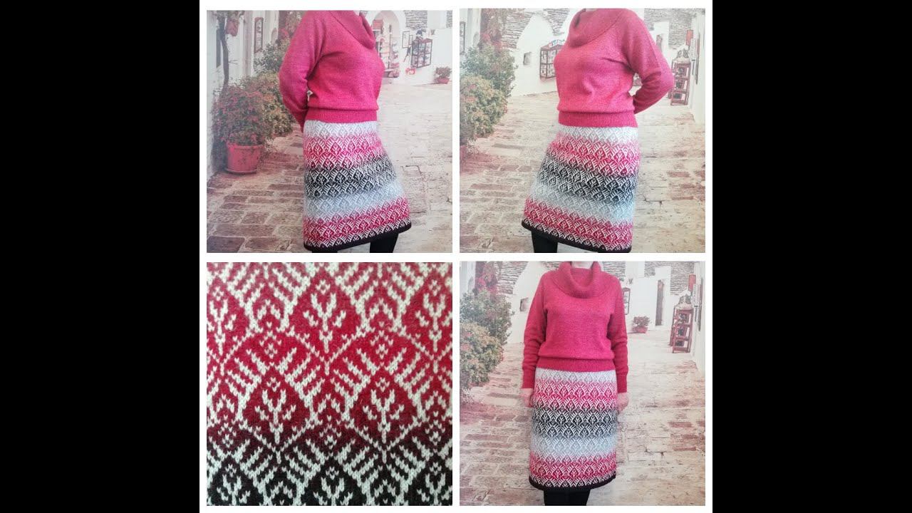 Юбка из пряжи кауни связанная жаккардом на вязальной машине Silver Reed. Готовая работа. смотреть онлайн