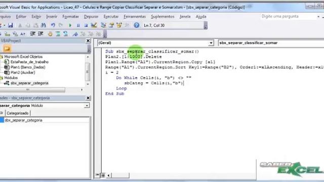 CURSO EXCEL VBA PLANILHA EXERCICIO DE PROGRAMAÇÃO Celulas Range copiar classificar separa soma Exce смотреть онлайн