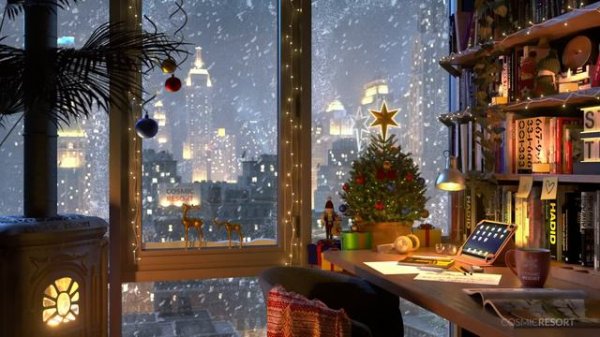 Christmas Manhattan New York Study Room Ambience with Snow, Crackling Fire and Gentle Wind Sounds