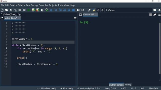 Python 12: Nested while loops to print a square shape using asterisks (*) смотреть онлайн