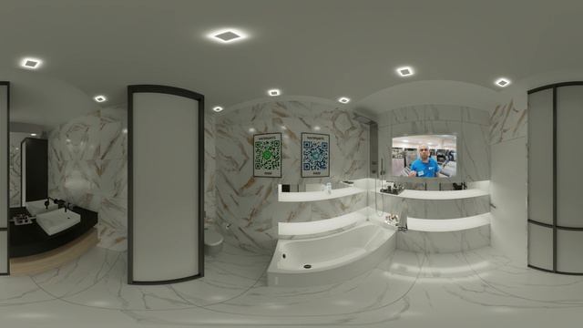 Керамогранит Global Tile Calacatta Royal GT60600103MR и Santi PGT 2204 в интерьере ванной комнаты.