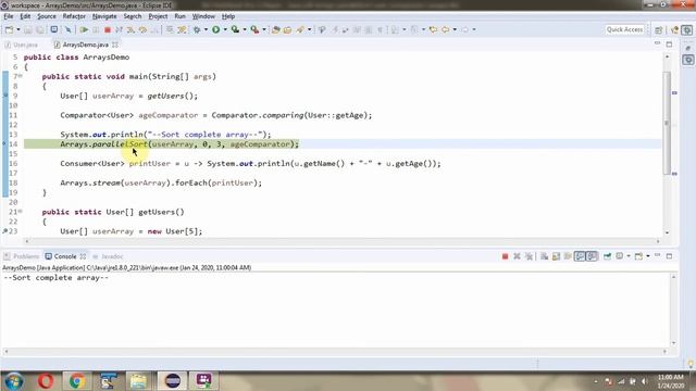 Sort the range of user array by age | parallelSort(T[] a,int fromIndex,int toIndex, Comparator cmp) смотреть онлайн