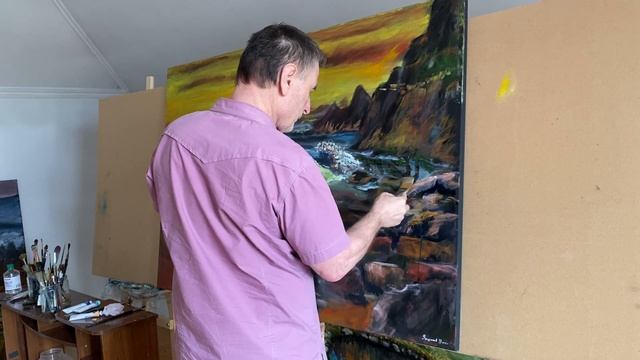 Море, волны, скалы, закат маслом на холсте 100 на 150 см. Зилавди Яшуркаев. смотреть онлайн