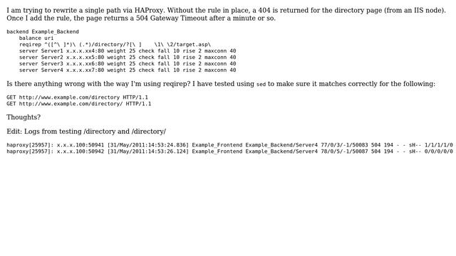 DevOps & SysAdmins: HAProxy reqirep setting results in 504 Gateway Timeout смотреть онлайн