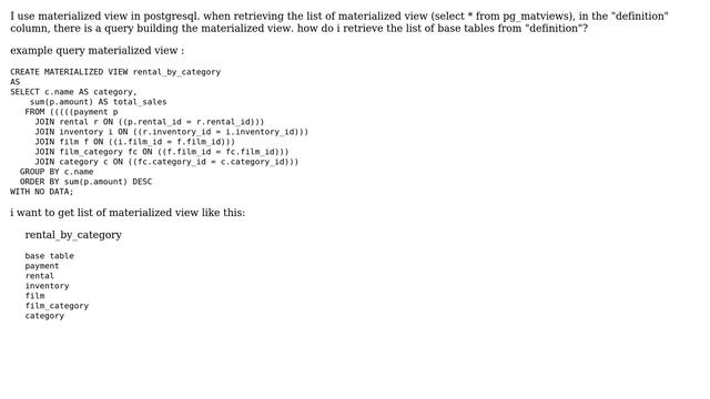 Databases: Get base table from materialized view in postgresql смотреть онлайн
