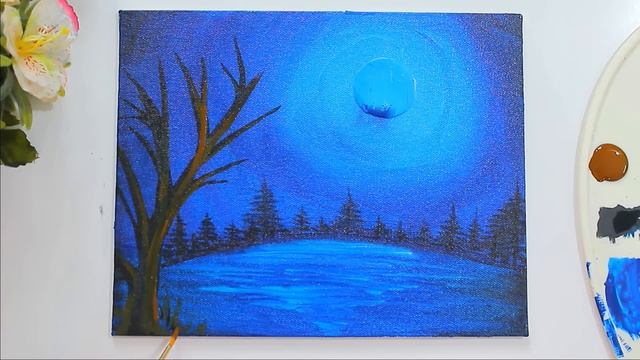 Moonlight Night Landscape Painting + DIY Masking Technique For Beginners
