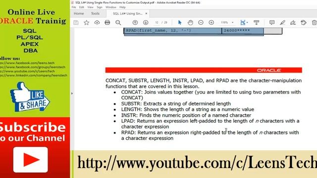 Oracle DBA 19c Online Live Training by LT IT: SL#07 Using Single Row Function to Customize Output смотреть онлайн