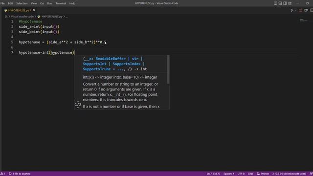 Printing Hypotenuse Value in Python || Visual Studio Code || смотреть онлайн