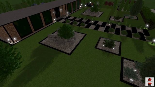 Ландшафтный дизайн участка 14 соток проект 3D визуализация в современном стиле минимализм освещение смотреть онлайн