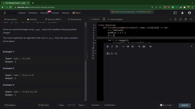 LeetCode: 41. First Missing Positive - python 3 (hard) смотреть онлайн