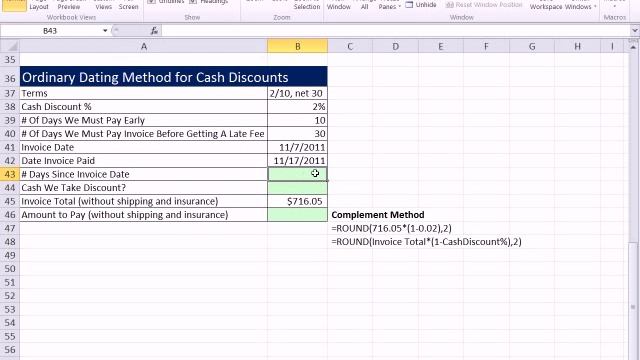 Excel 2010 Business Math 64: Calculate Cash Discounts Using Ordinary Dating Method смотреть онлайн