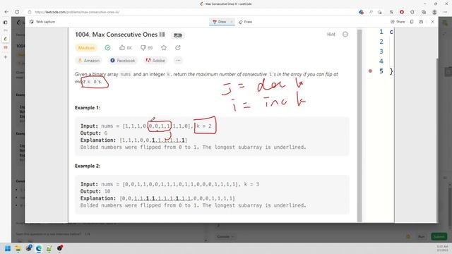 LeetCode 1004 | Max Consecutive Ones III | Sliding Windows | Debug | Java смотреть онлайн