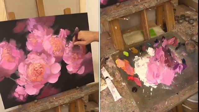 Пионы на чёрном грунте. Flowers on a black ground. Oil painting Как написать пионы. Живопись маслом смотреть онлайн