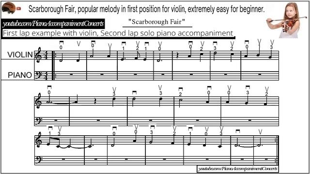 Violín Melody In First Position With Piano Accompaniment No.  9 | Scarborough Fair