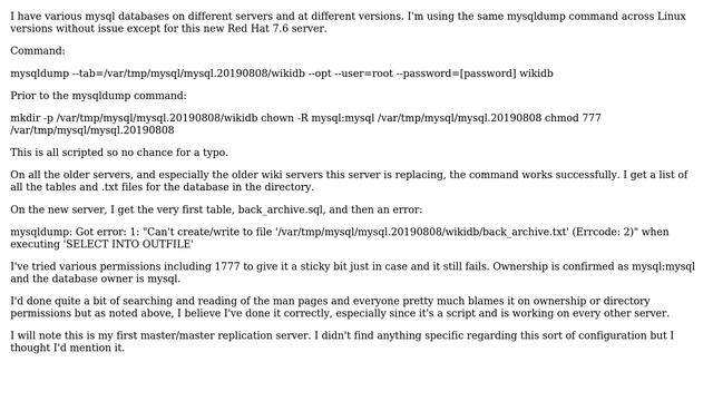 Databases: mysqldump can write to /tmp and /var/tmp but nowhere else смотреть онлайн