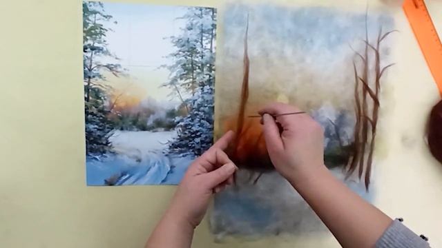 Панно из шерсти "Зимний пейзаж" смотреть онлайн