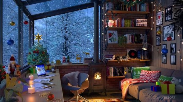 Christmas Study Room in Winter with Relaxing Snow and Fireplace Sounds Study Room Ambience