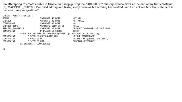 Databases: Oracle Missing Comma error on check constraint смотреть онлайн