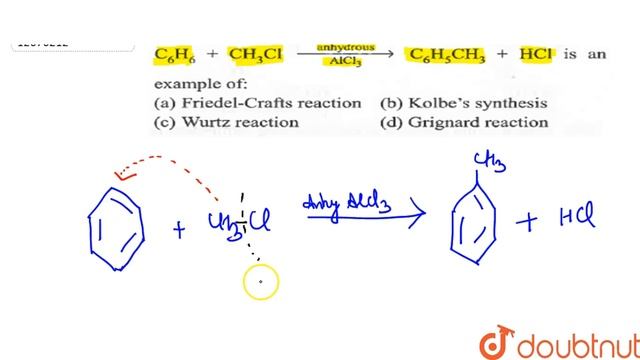 `C_(6)H_(6)+CH_(3)Cl overset(anhydrous)underset(AlCl_(3))rarrC_(6)H_(5)CH_(3)+HCl` is an example of смотреть онлайн