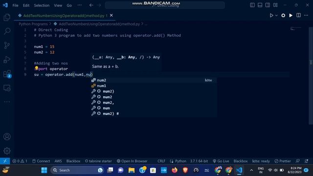 Add two numbers using operator.add() Method | Python 3 | Direct Coding | смотреть онлайн
