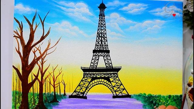 Springtime Cherry Blossom Trees And Eiffel Tower Painting / Step By Step Tutorial For Beginners