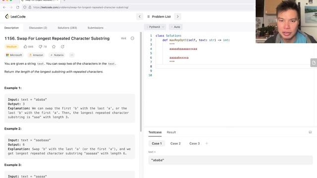 1156. Swap For Longest Repeated Character Substring (Leetcode Medium) смотреть онлайн