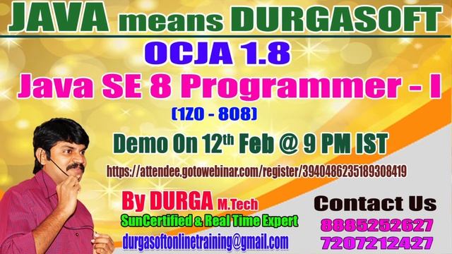 OCJA 1.8 Java SE 8 Programmer - I (1Z0 - 808) by Durga Sir Demo on 12th Feb @9:00PM IST смотреть онлайн