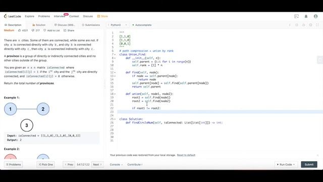 Number of Provinces [Leetcode] - Union Find Solution Python3 смотреть онлайн