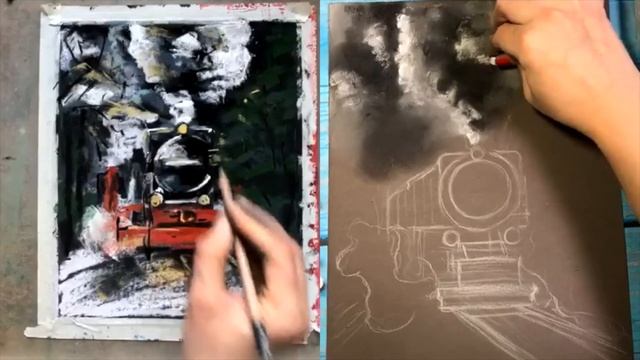как нарисовать паровоз пастелью. смотреть онлайн