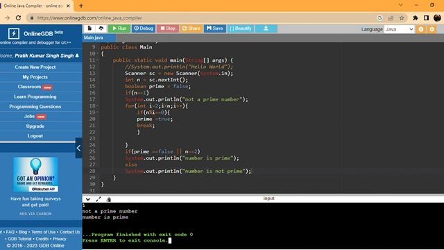 WAP program to check prime number or not in java on gfg смотреть онлайн