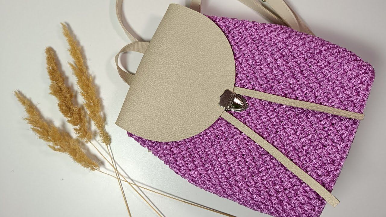 Рюкзак крючком из полиэфирного шнура узором "Шишечки" смотреть онлайн