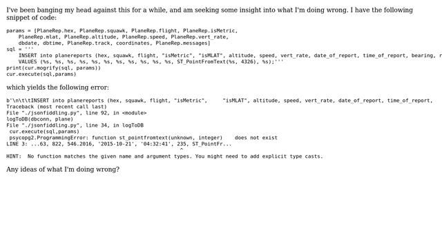 GIS: String quoting issues with sql using ST_PointFromText in psycopg2 смотреть онлайн