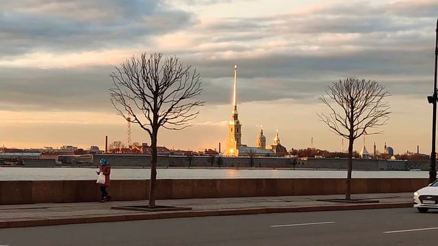 С Дворцовой набережной виден светящийся на закате золоченый шпиль колокольни Петропавловского собор смотреть онлайн