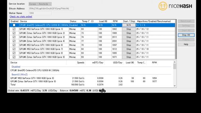 NiceHash Miner Legacy V 1.9.2.16 GTX1060 6GB 8Cards смотреть онлайн