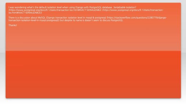 Default isolation level for transaction (@atomic) with Django and PostgreSQL смотреть онлайн