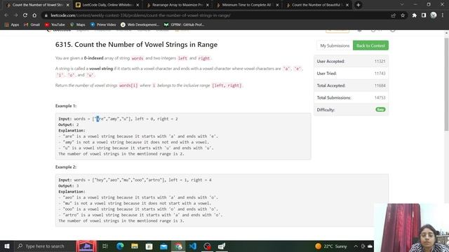2586. Count the Number of Vowel Strings in Range | LeetCode Contest 336 | C++ смотреть онлайн
