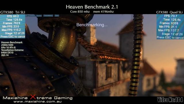 EVGA GTX 580 QUAD SLI vs TRI SLI Heaven 2.1 2560x1600 смотреть онлайн