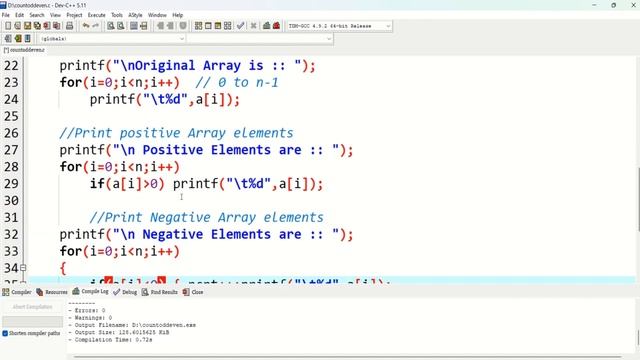 C Program to display and count positive and negative numbers from an array смотреть онлайн