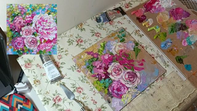 МК Пишем картину с розами и пионами, мастихин смотреть онлайн