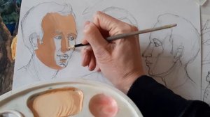 Схематичное изображение головы человека в три четверти гуашью, часть 2.