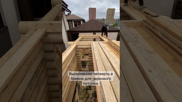 Выпиливаем четверть в бревне для чернового потолка. смотреть онлайн