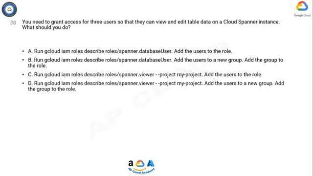 Q38. You need to grant access for three users so that they can view and edit table data on a Cloud смотреть онлайн