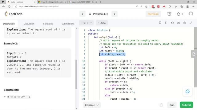 Sqrt(x) - Google Interview Questions - LeetCode 69 Solution - C++ смотреть онлайн