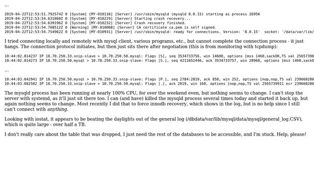 MySQL 8.0.15 starts normally but any connection hangs смотреть онлайн